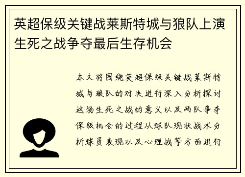 英超保级关键战莱斯特城与狼队上演生死之战争夺最后生存机会